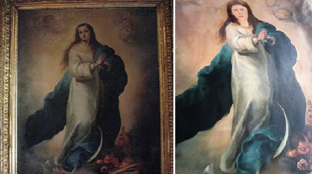Imagen de la copia de una de las famosas Inmaculadas de Murillo del coleccionista valenciano y el resultado después de la intervención Imagen de la copia de una de las famosas Inmaculadas de Murillo del coleccionista valenciano y el resultado después de la intervención