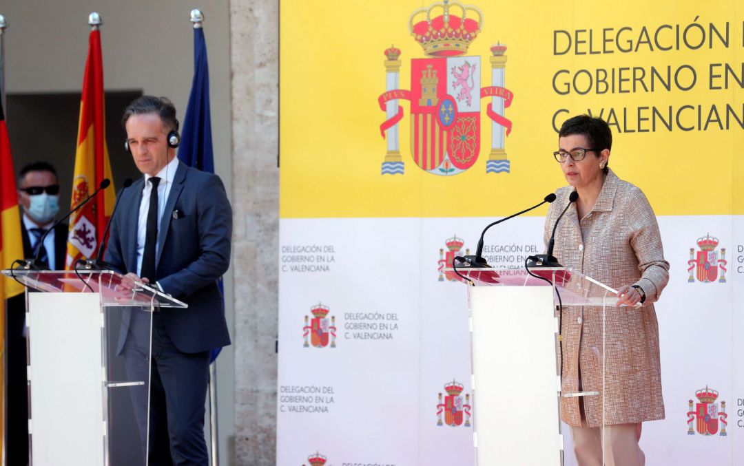 La ministra de Asuntos Exteriores, Arancha González Laya, y su homólogo alemán, Heiko Maas, durante la rueda de prensa posterior al encuentro mantenido este martes en València La ministra de Asuntos Exteriores, Arancha González Laya, y su homólogo alemán, Heiko Maas, durante la rueda de prensa posterior al encuentro mantenido este martes en València