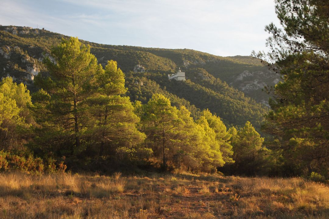 El Santuario de la Font Roja visto desde la carretera de Les Llacunes El Santuario de la Font Roja visto desde la carretera de Les Llacunes