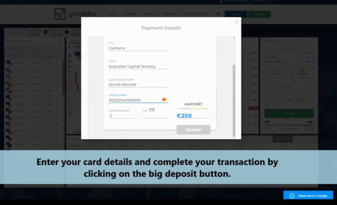 Fragmento de un tutorial de Grandefex donde se enseña a los usuarios cómo hacer la primera inversión a través de la plataforma Fragmento de un tutorial de Grandefex donde se enseña a los usuarios cómo hacer la primera inversión a través de la plataforma