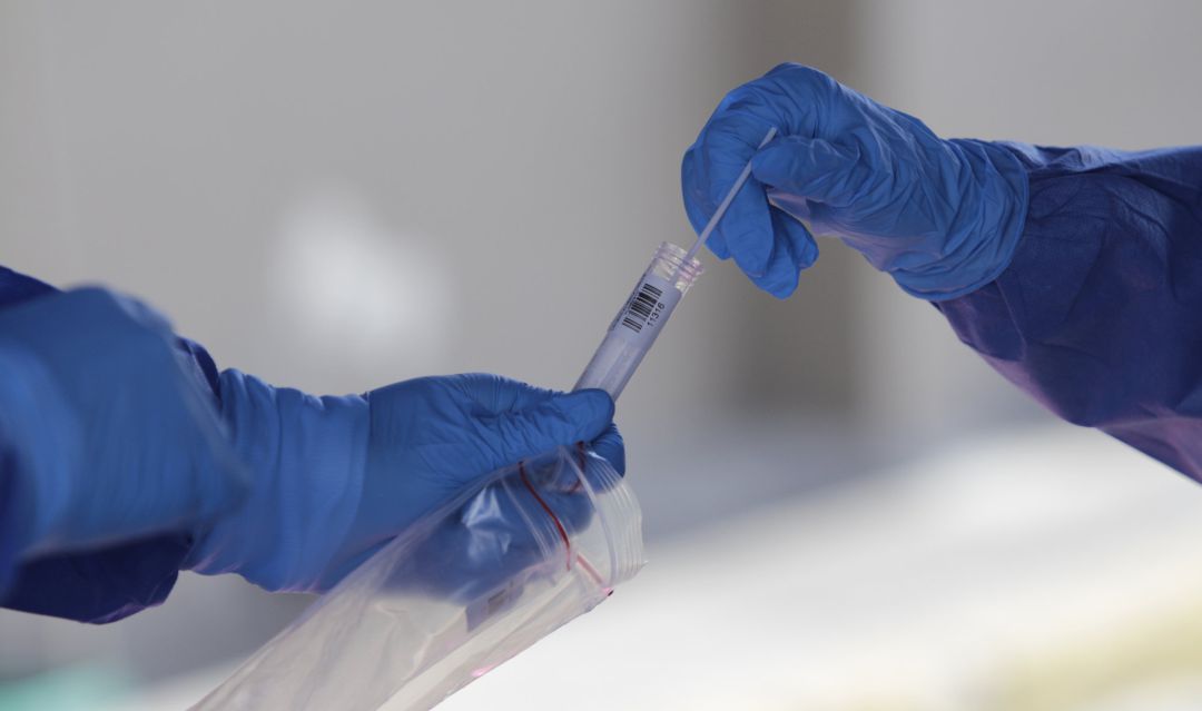 Dos sanitarios recogen una muestra de un test de coronavirus. Dos sanitarios recogen una muestra de un test de coronavirus.