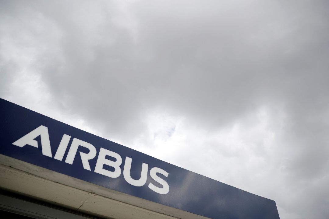 The logo of Airbus is pictured at the entrance of the Airbus facility in Bouguenais, near Nantes, France, July 2, 2020. The logo of Airbus is pictured at the entrance of the Airbus facility in Bouguenais, near Nantes, France, July 2, 2020.