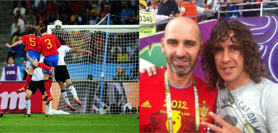 A la izquierda, el gol de Puyol frente a Alemania. A la derecha, una fotografía con Raúl Martínez A la izquierda, el gol de Puyol frente a Alemania. A la derecha, una fotografía con Raúl Martínez
