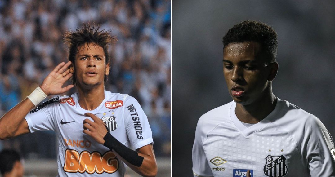 A la izquierda, Neymar durante su etapa en el Santos, a la derecha, Rodrygo Goes con la camiseta del club brasileño A la izquierda, Neymar durante su etapa en el Santos, a la derecha, Rodrygo Goes con la camiseta del club brasileño