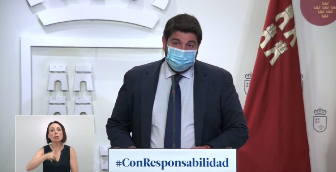 Fernando López Miras en su comparecencia de este lunes Fernando López Miras en su comparecencia de este lunes