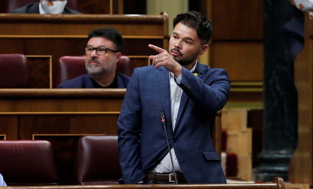 El portavoz de ERC, Gabriel Rufián, durante su intervención en una sesión de control al Ejecutivo en el Congreso. El portavoz de ERC, Gabriel Rufián, durante su intervención en una sesión de control al Ejecutivo en el Congreso.