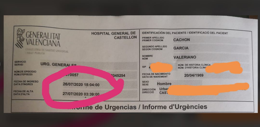 Imagen compartida en redes sociales por Valeriano Cazón con el informe de Urgencias Imagen compartida en redes sociales por Valeriano Cazón con el informe de Urgencias