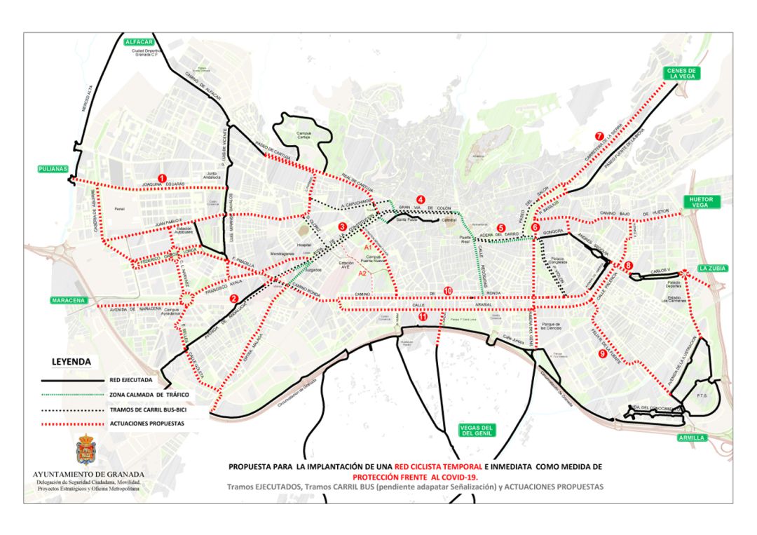 Mapa de los nuevos 'carriles amarillos' reservados para transporte público, bicis y patinetes eléctricos en Granada Mapa de los nuevos 'carriles amarillos' reservados para transporte público, bicis y patinetes eléctricos en Granada