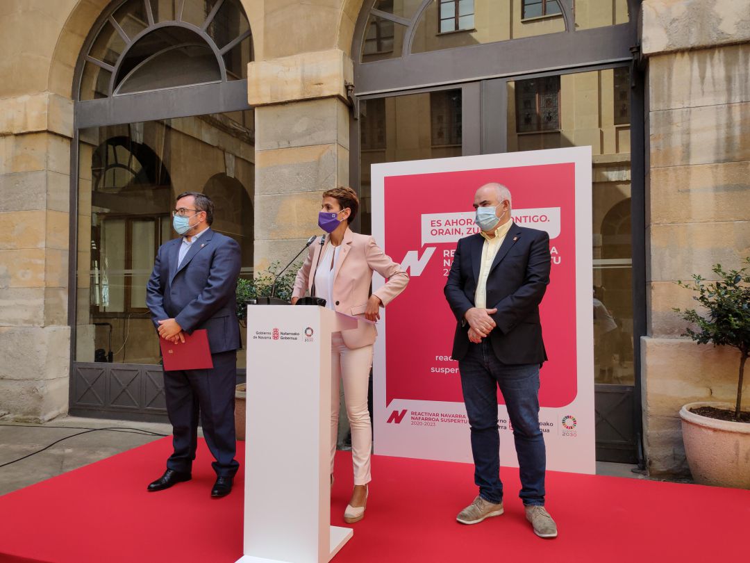 La presidenta, María Chivite, junto con los vicepresidentes, presenta el plan Reactivar Navarra, Nafarroa Suspertu 2020-2023. La presidenta, María Chivite, junto con los vicepresidentes, presenta el plan Reactivar Navarra, Nafarroa Suspertu 2020-2023.