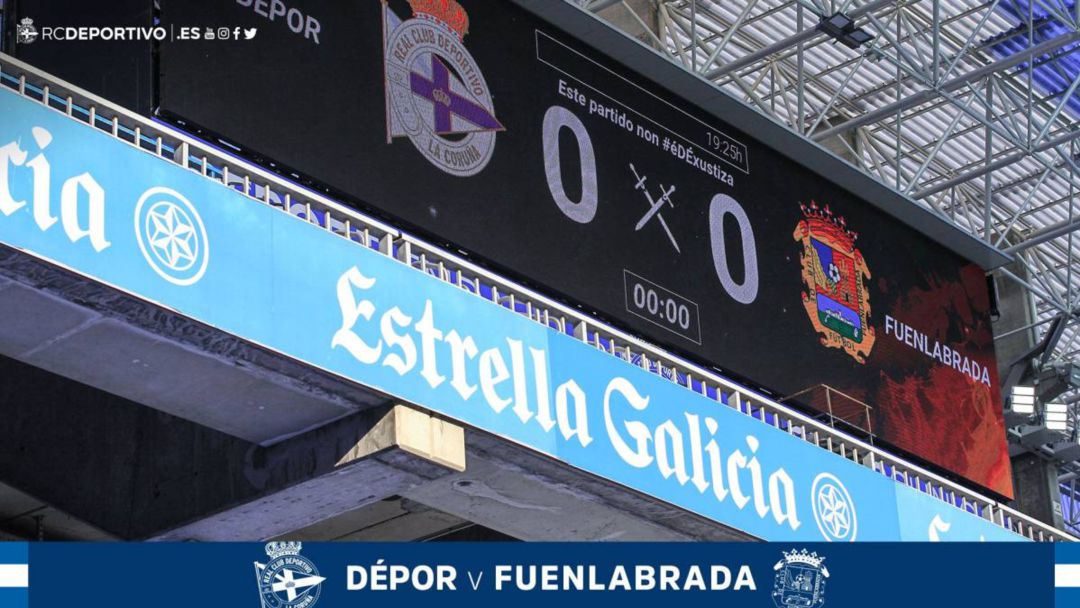 Imagen del videomarcador de Riazor con el mensaje 'Este partido no es de justicia' Imagen del videomarcador de Riazor con el mensaje 'Este partido no es de justicia'