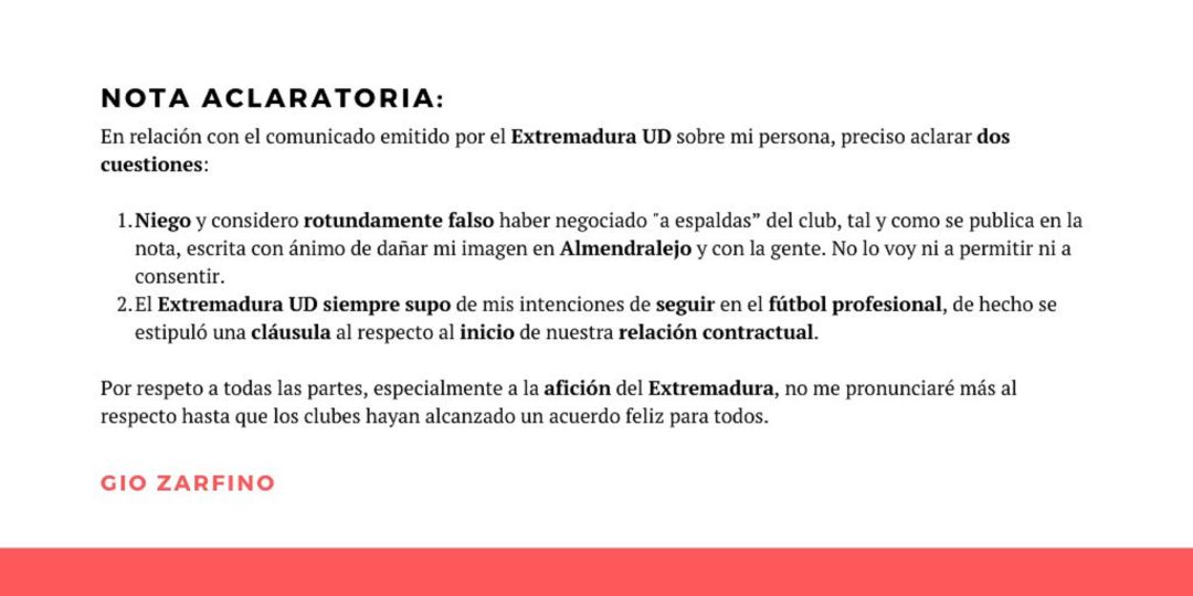 El jugador emitió un comunicado en referencia a su situación El jugador emitió un comunicado en referencia a su situación
