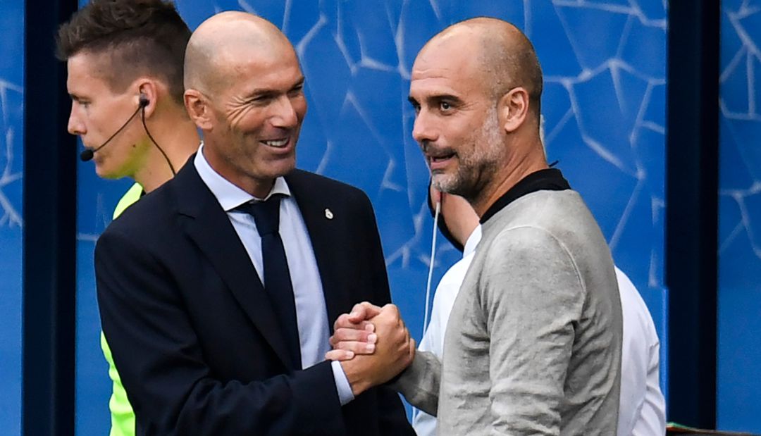 Zidane y Guardiola, antes del último partido entre el Real Madrid y el Manchester City. Zidane y Guardiola, antes del último partido entre el Real Madrid y el Manchester City.