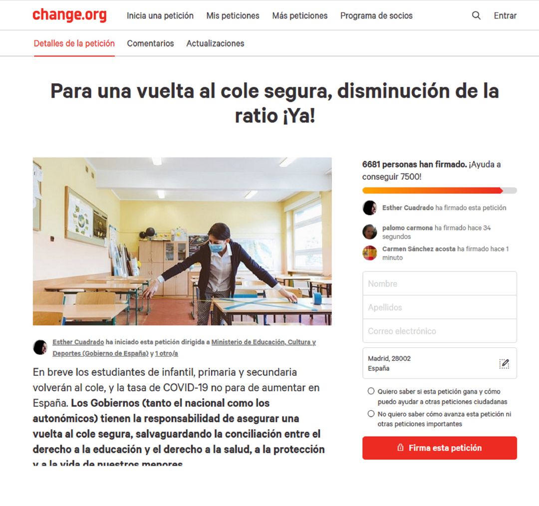 Petición en change.org para una vuelta al cole segura Petición en change.org para una vuelta al cole segura