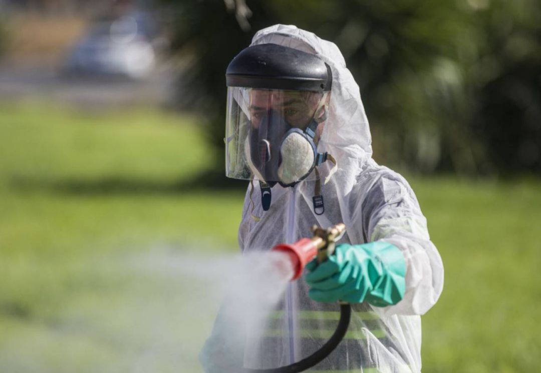 Un trabajador durante las labores de fumigación contra los mosquitos
Un trabajador durante las labores de fumigación contra los mosquitos