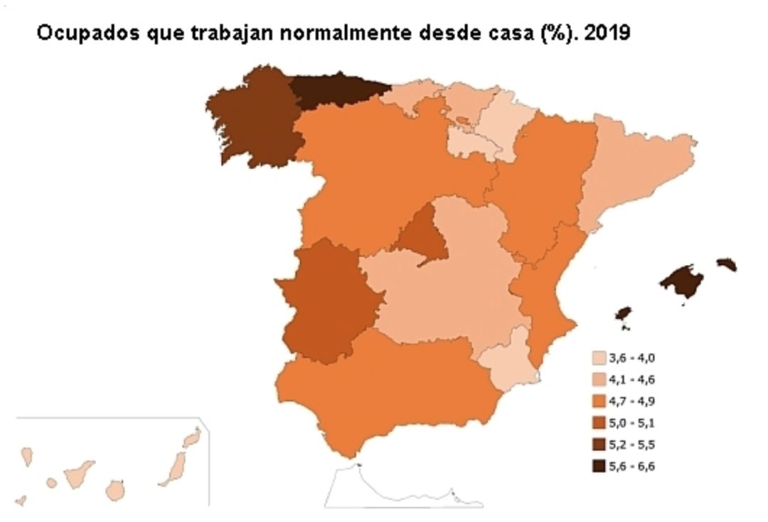 Porcentaje de trabajadores desde casa por comunidades en 2019 Porcentaje de trabajadores desde casa por comunidades en 2019