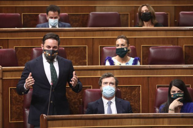 El presidente de Vox, Santiago Abascal, junto a Espinosa de los Monteros y Olona, sin un escaño entre ellos. El presidente de Vox, Santiago Abascal, junto a Espinosa de los Monteros y Olona, sin un escaño entre ellos.