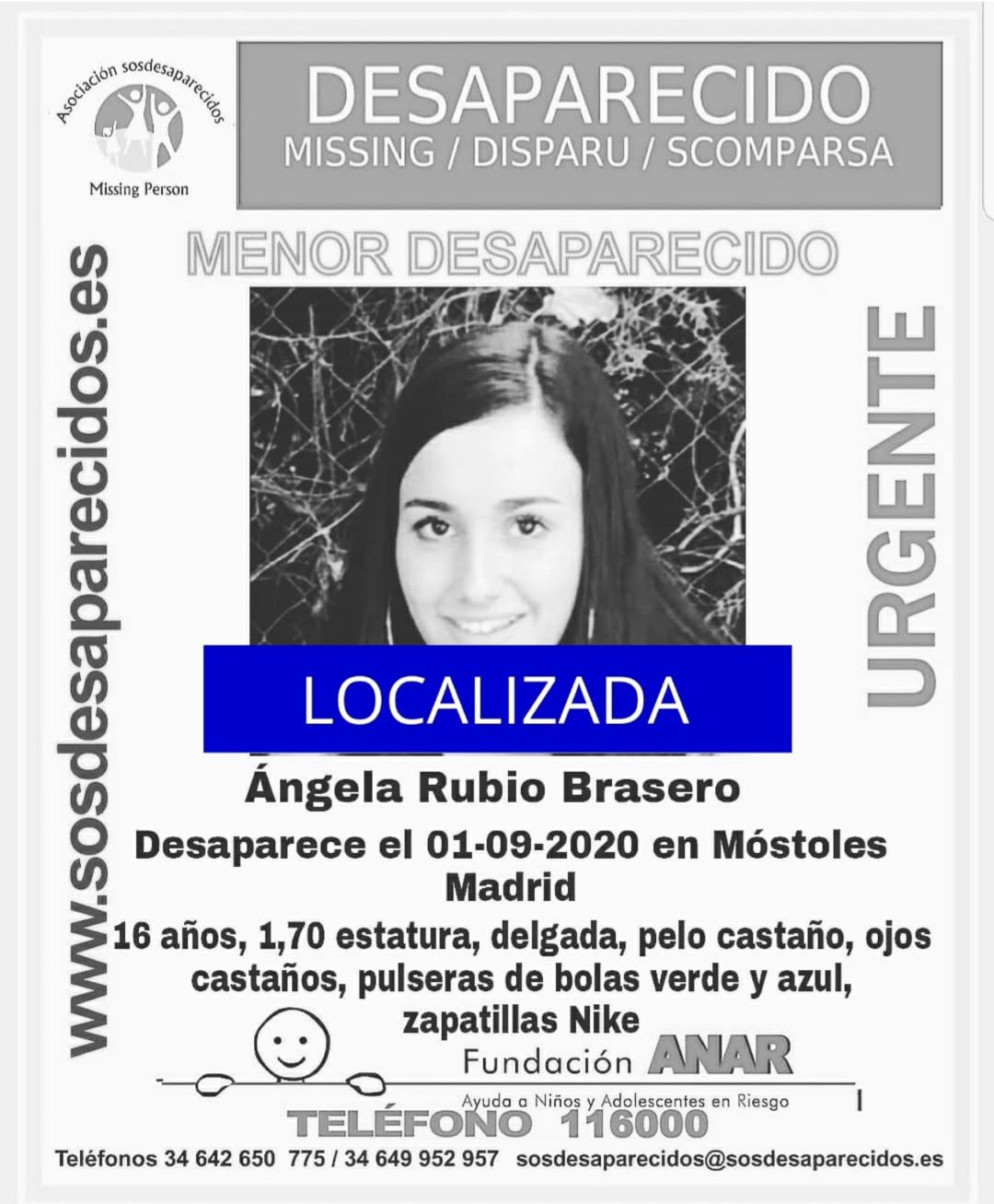 Cartel anunciando que la joven desaparecida en Móstoles ha sido localizada Cartel anunciando que la joven desaparecida en Móstoles ha sido localizada