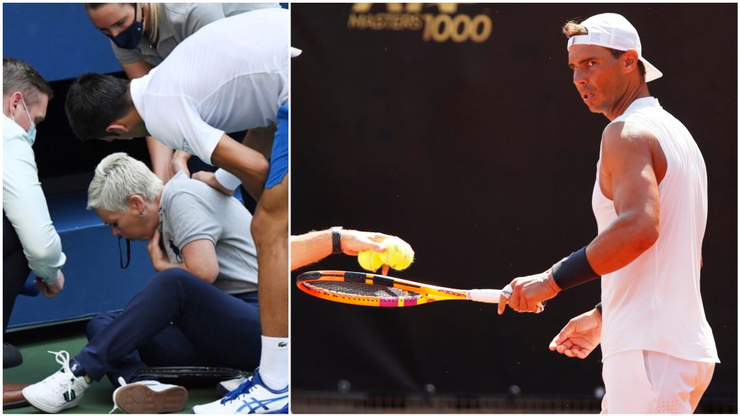 Momento del pelotazo de Djokovic; Rafa Nadal entrenando Momento del pelotazo de Djokovic; Rafa Nadal entrenando