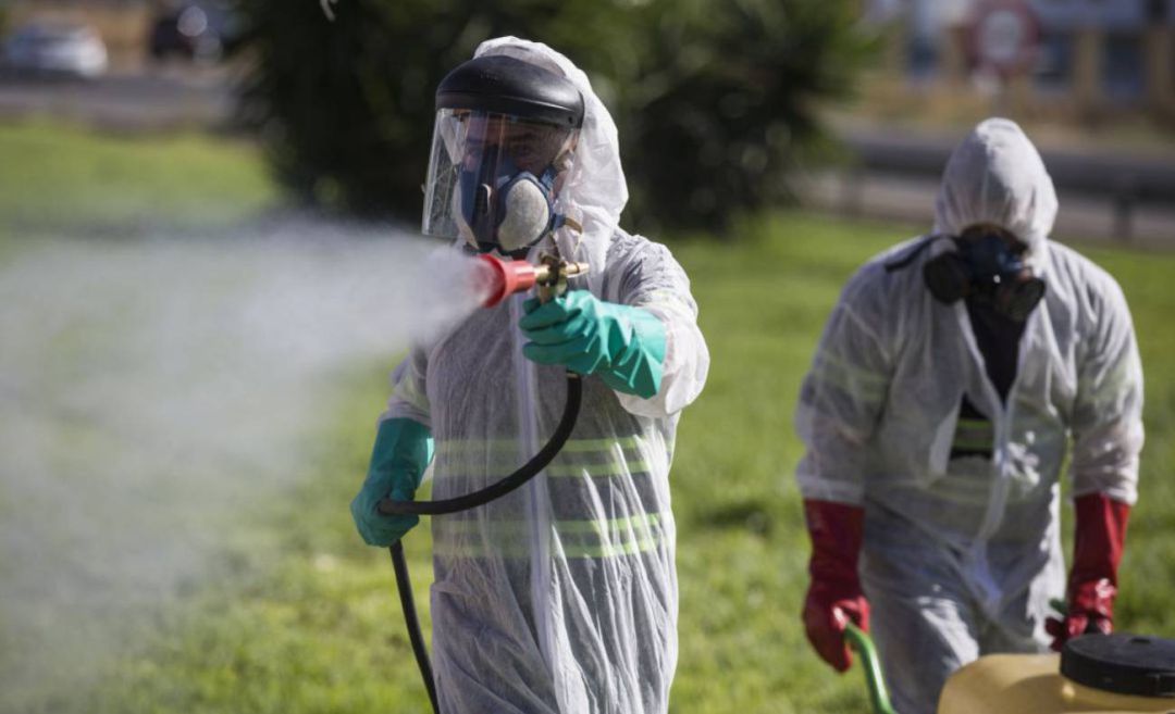 Dos trabajadores durante las labores de fumigación contra los mosquitos causantes del virus del Nilo en la provincia de Sevilla Dos trabajadores durante las labores de fumigación contra los mosquitos causantes del virus del Nilo en la provincia de Sevilla