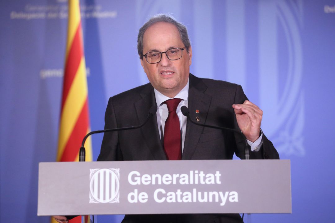 El president del Govern, Quim Torra, durante la declaración institucional en la Delegación en Madrid. El president del Govern, Quim Torra, durante la declaración institucional en la Delegación en Madrid.
