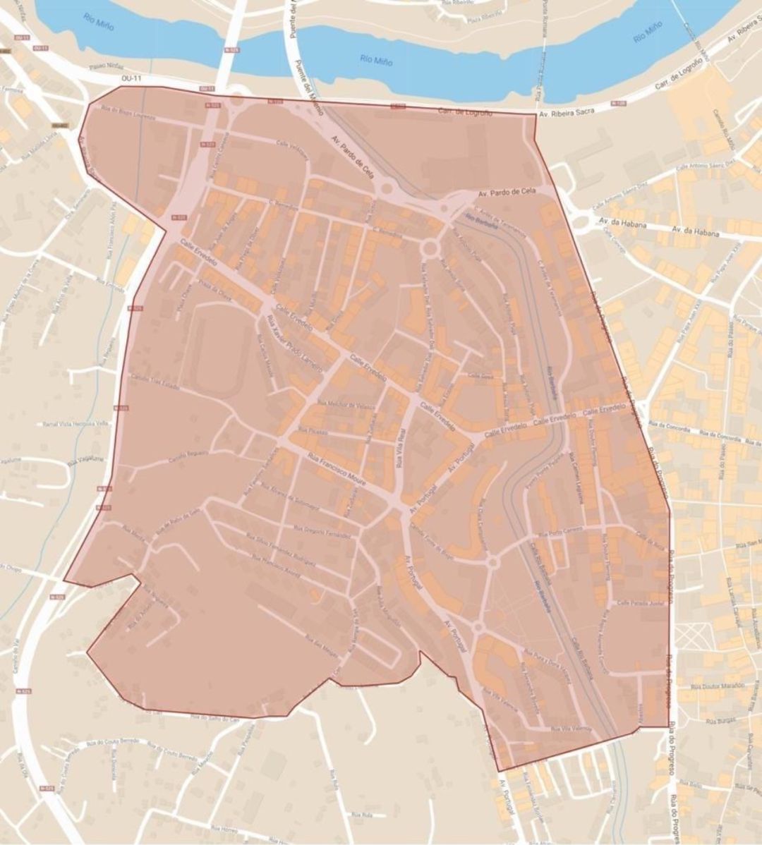 Mapa de la zona bajo restricciones delimitada por Sanidade Mapa de la zona bajo restricciones delimitada por Sanidade