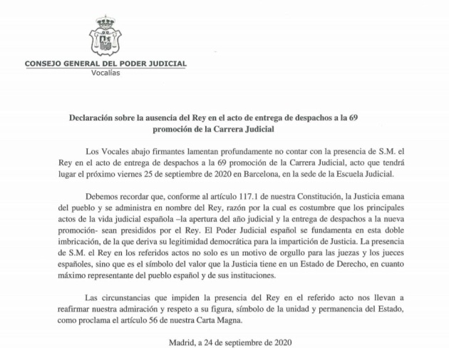 Declaración de seis de los 20 vocales del Poder Judicial sobre la ausencia del rey. Declaración de seis de los 20 vocales del Poder Judicial sobre la ausencia del rey.