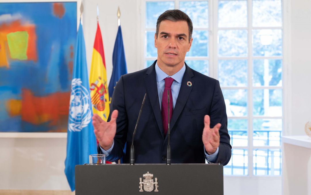El presidente del Gobierno, Pedro Sánchez, durante su discurso telemático de la ONU. El presidente del Gobierno, Pedro Sánchez, durante su discurso telemático de la ONU.