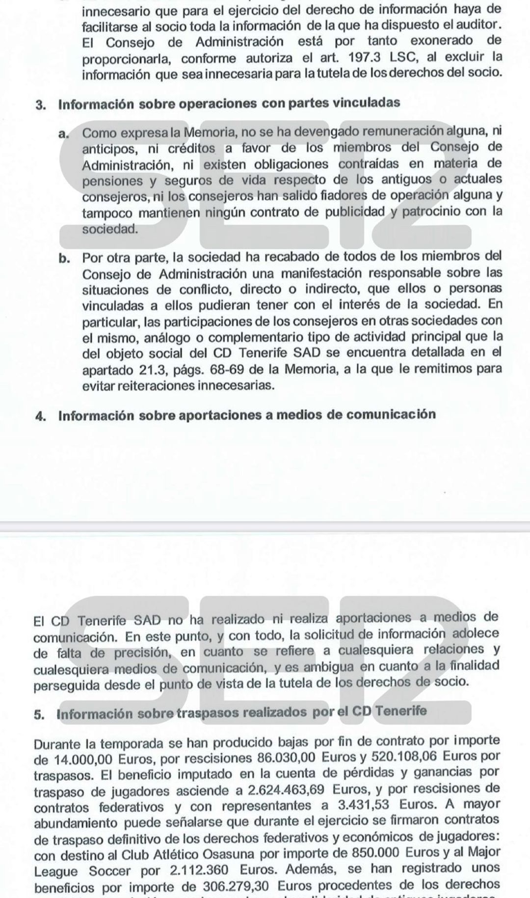 Respuesta por escrito que dio el CD Tenerife a uno de sus accionistas. Respuesta por escrito que dio el CD Tenerife a uno de sus accionistas.