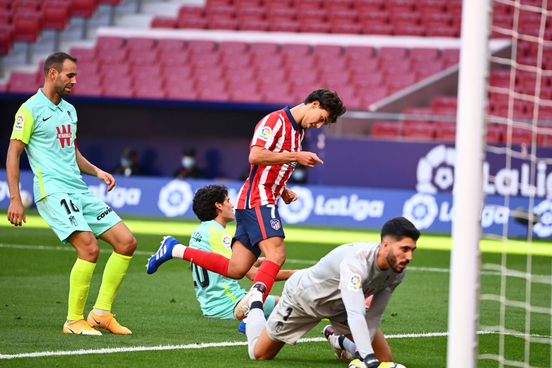 Joao Félix celebra su gol ante la mirada de los defensas del Granada, Joao Félix celebra su gol ante la mirada de los defensas del Granada,