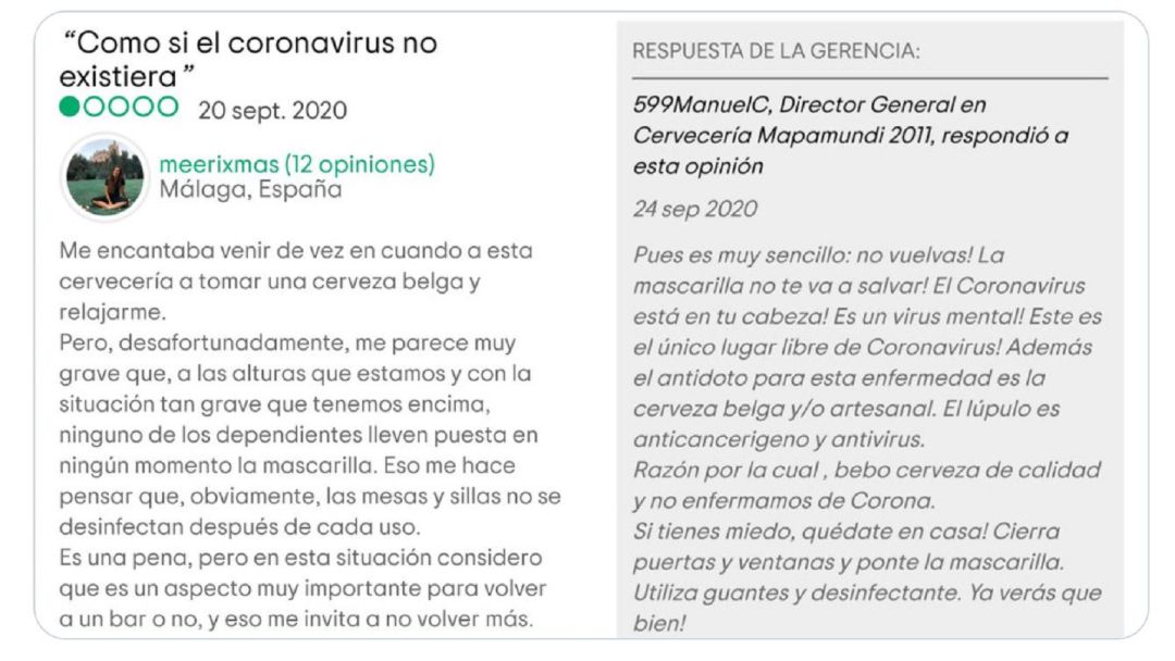 La presunta respuesta del responsable de la Cervecería Mapamundi de Málaga: "La mascarilla no te va a salvar". La presunta respuesta del responsable de la Cervecería Mapamundi de Málaga: "La mascarilla no te va a salvar".