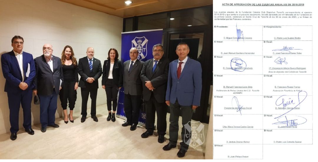 A la izquierda, imagen de la reunión del Patronato (30-01-2020) que publicó el CD Tenerife. A la derecha, acta y firmas que figuran en el documento que aparece en la web de la Fundación. A la izquierda, imagen de la reunión del Patronato (30-01-2020) que publicó el CD Tenerife. A la derecha, acta y firmas que figuran en el documento que aparece en la web de la Fundación.