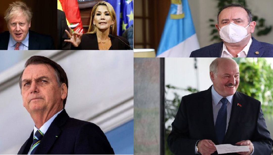 De arriba a la izquierda, el primer ministro británico, la presidenta interina de Bolivia, y los presidentes de Guatemala, Brasil y Bielorrusia. De arriba a la izquierda, el primer ministro británico, la presidenta interina de Bolivia, y los presidentes de Guatemala, Brasil y Bielorrusia.