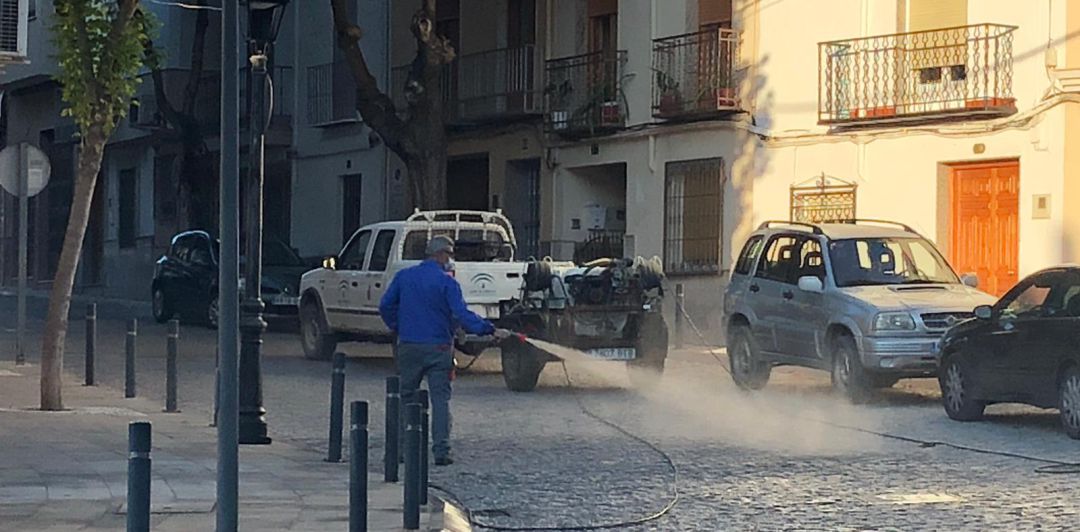 Operario desinfectando una calle en Pegalajar. Operario desinfectando una calle en Pegalajar.