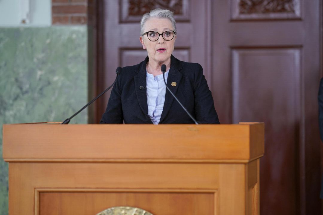 Una de las miembros del comité noruego de los premios, Berit Reiss-Andersen, en el momento del anuncio del Nobel de la Paz de 2020 al Programa Mundial de Alimentos Una de las miembros del comité noruego de los premios, Berit Reiss-Andersen, en el momento del anuncio del Nobel de la Paz de 2020 al Programa Mundial de Alimentos