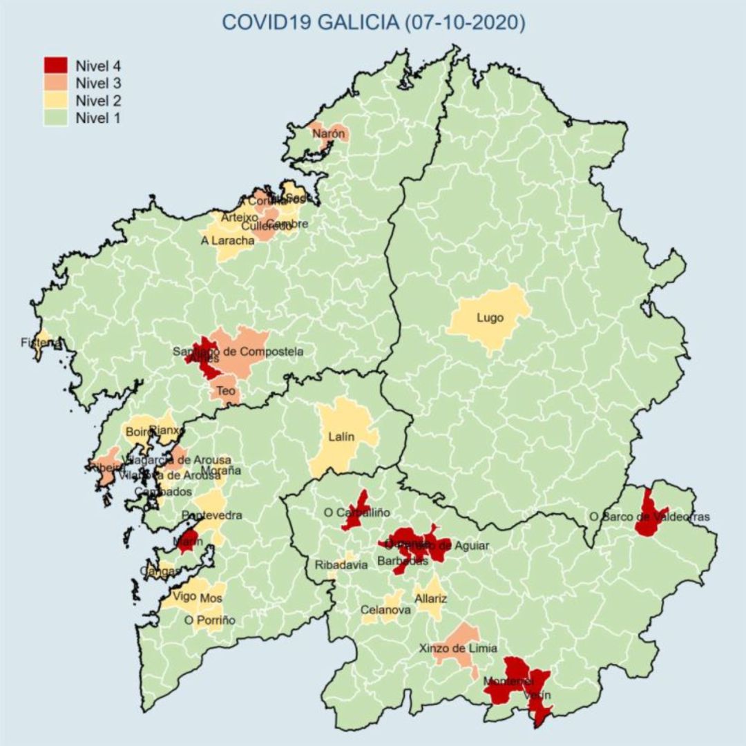Mapa de concellos cos niveis de alerta para os casos acumulados nos últimos 7 días Mapa de concellos cos niveis de alerta para os casos acumulados nos últimos 7 días