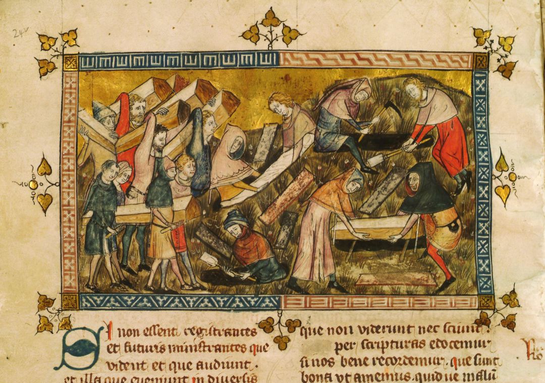 El pueblo de Tournai entierra a las víctimas de la peste negra. Miniatura de Pierart dou Tielt que ilustra una obra de Gilles li Muisit (Tournai, c. 1353). El pueblo de Tournai entierra a las víctimas de la peste negra. Miniatura de Pierart dou Tielt que ilustra una obra de Gilles li Muisit (Tournai, c. 1353).