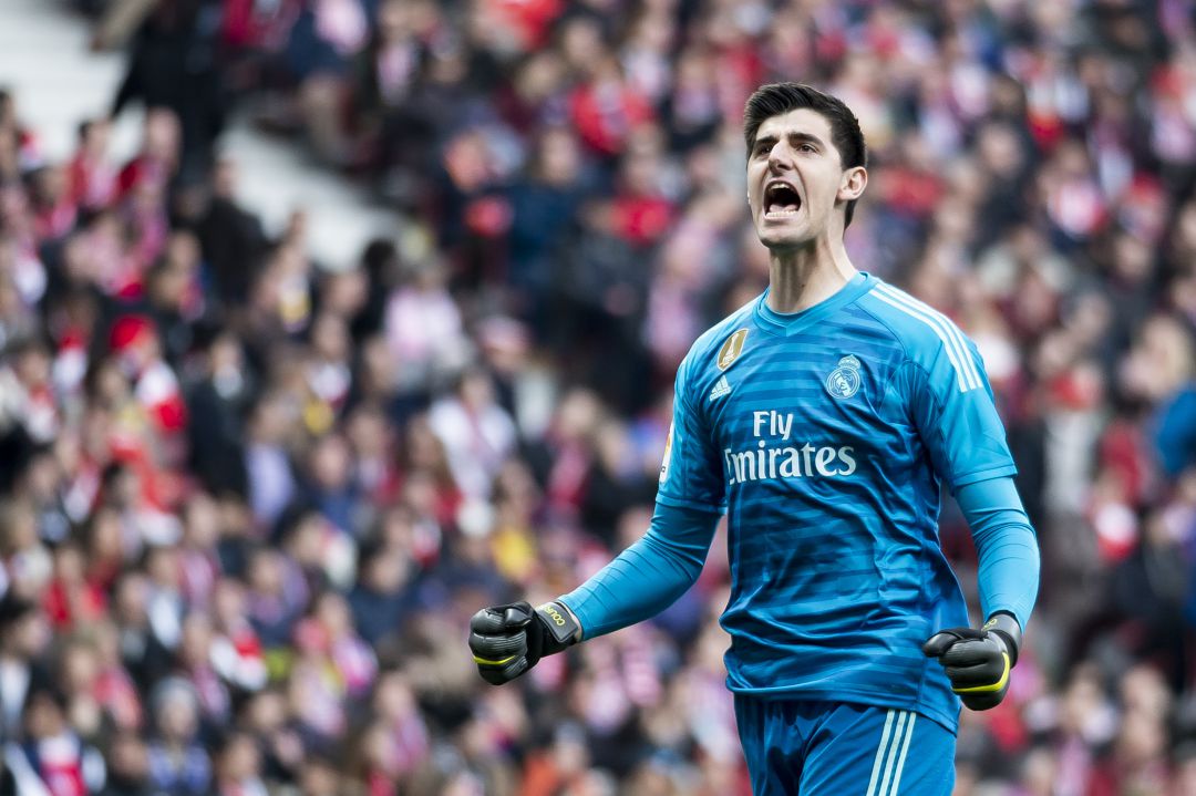 Courtois celebra un gol del Real Madrid en el Wanda Metropolitano. Courtois celebra un gol del Real Madrid en el Wanda Metropolitano.