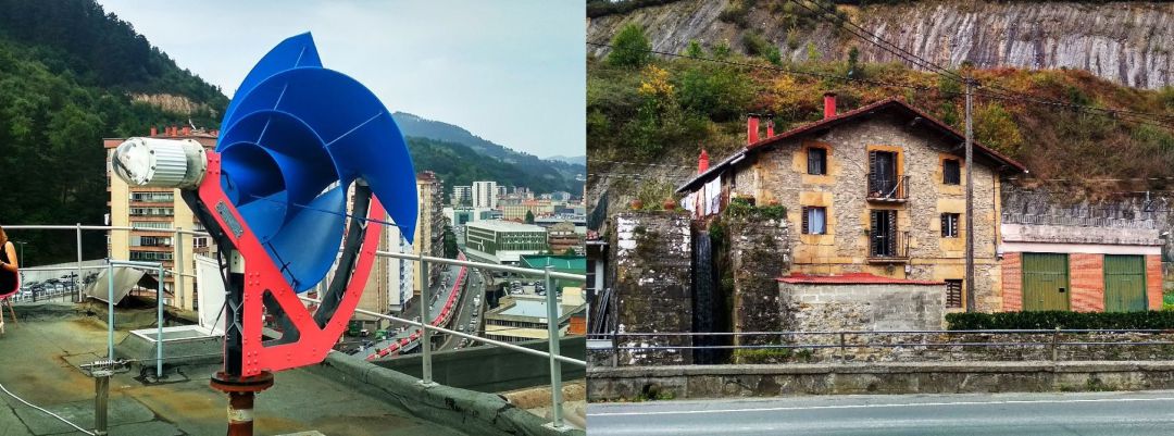 Turbina instalada en la Escuela de Ingeniería de Eibar; a su lado imagen del salto de agua en Olerreaga, en las inmediaciones de la muga entre Eibar y Zaldibar Turbina instalada en la Escuela de Ingeniería de Eibar; a su lado imagen del salto de agua en Olerreaga, en las inmediaciones de la muga entre Eibar y Zaldibar