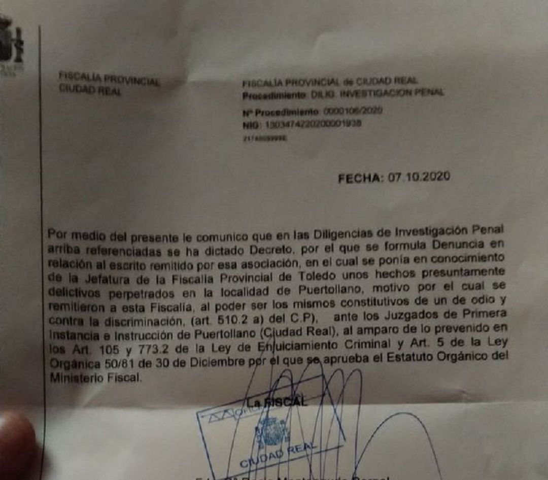 Escrito de la Fiscalía provincial de Ciudad Real formulando denuncia por posible delito de odio Escrito de la Fiscalía provincial de Ciudad Real formulando denuncia por posible delito de odio