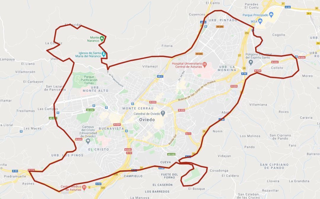 Mapa con el cierre perimetral en Oviedo Mapa con el cierre perimetral en Oviedo