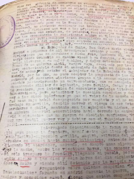 Fragmento de la declaración en la que se puede leer el miedo de Miguel Hernández Fragmento de la declaración en la que se puede leer el miedo de Miguel Hernández