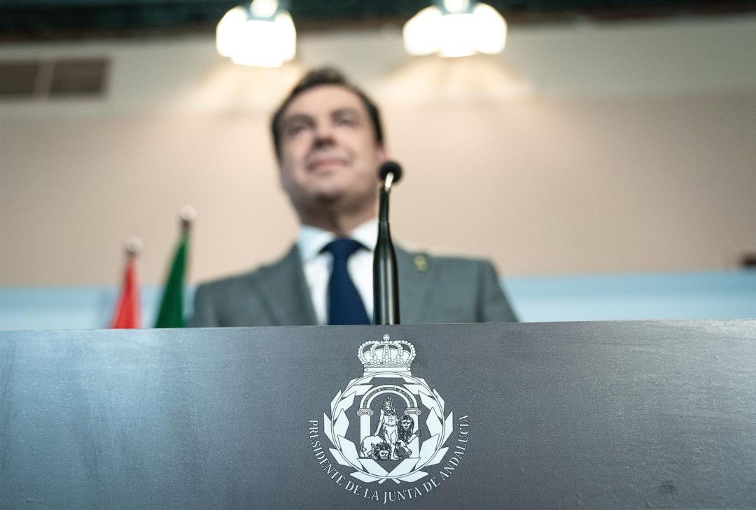 Juanma Moreno, durante una comparecencia de prensa Juanma Moreno, durante una comparecencia de prensa