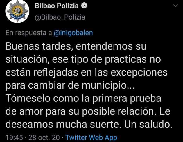 Así fue el tuit de la Policía de Bilbao, posteriormente borrado. Así fue el tuit de la Policía de Bilbao, posteriormente borrado.