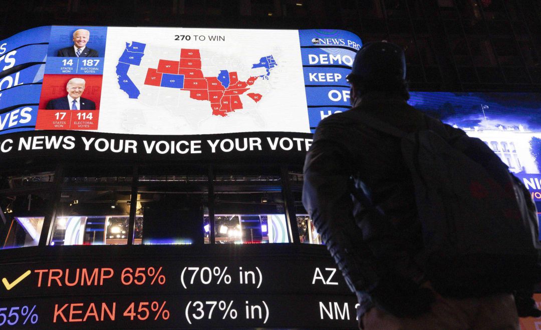 Personas en Times Square en Nueva York comprobando los resultados de las elecciones Personas en Times Square en Nueva York comprobando los resultados de las elecciones