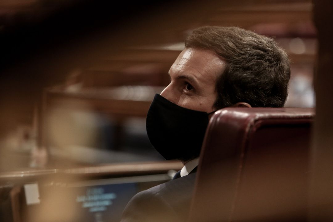 El líder del PP, Pablo Casado, durante una sesión plenaria El líder del PP, Pablo Casado, durante una sesión plenaria