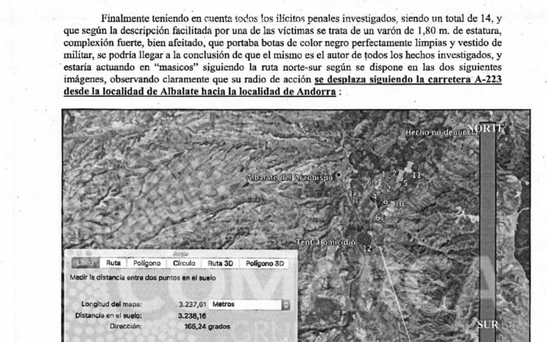 Imagen del informe de la Policía Judicial que concluye que el autor del tiroteo en Albalate es el mismo que sigue entrando a robar a otras casas de campo de la zona Imagen del informe de la Policía Judicial que concluye que el autor del tiroteo en Albalate es el mismo que sigue entrando a robar a otras casas de campo de la zona