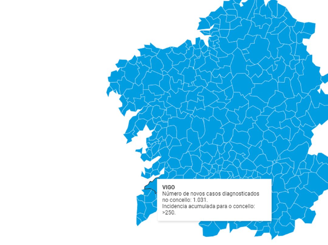 La Xunta sustituye el mapa de colores por uno azul con los nuevos casos en los últimos 15 días en los diferentes concellos. La Xunta sustituye el mapa de colores por uno azul con los nuevos casos en los últimos 15 días en los diferentes concellos.