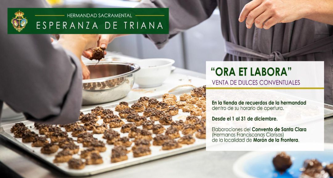 Cartel de la Esperanza de Triana para la venta de dulces conventuales en su tienda de recuerdos Cartel de la Esperanza de Triana para la venta de dulces conventuales en su tienda de recuerdos