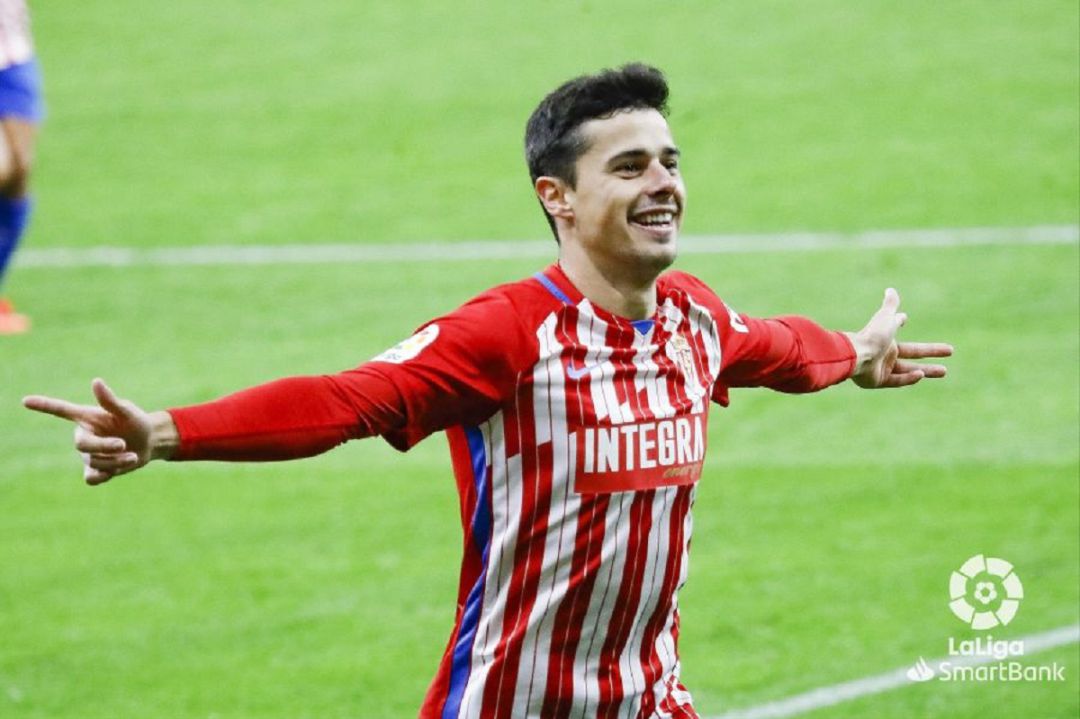Gaspar celebra el primero de sus dos goles al Sabadell. Gaspar celebra el primero de sus dos goles al Sabadell.