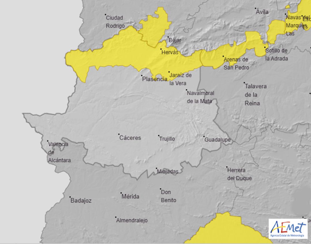 Mapa de alerta meteorológica para el norte de Extremadura Mapa de alerta meteorológica para el norte de Extremadura